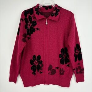 Fenghuang Womens XL Cardigan Sweater Zip Up Fuchshia Pink Black Floral Wool Blnd